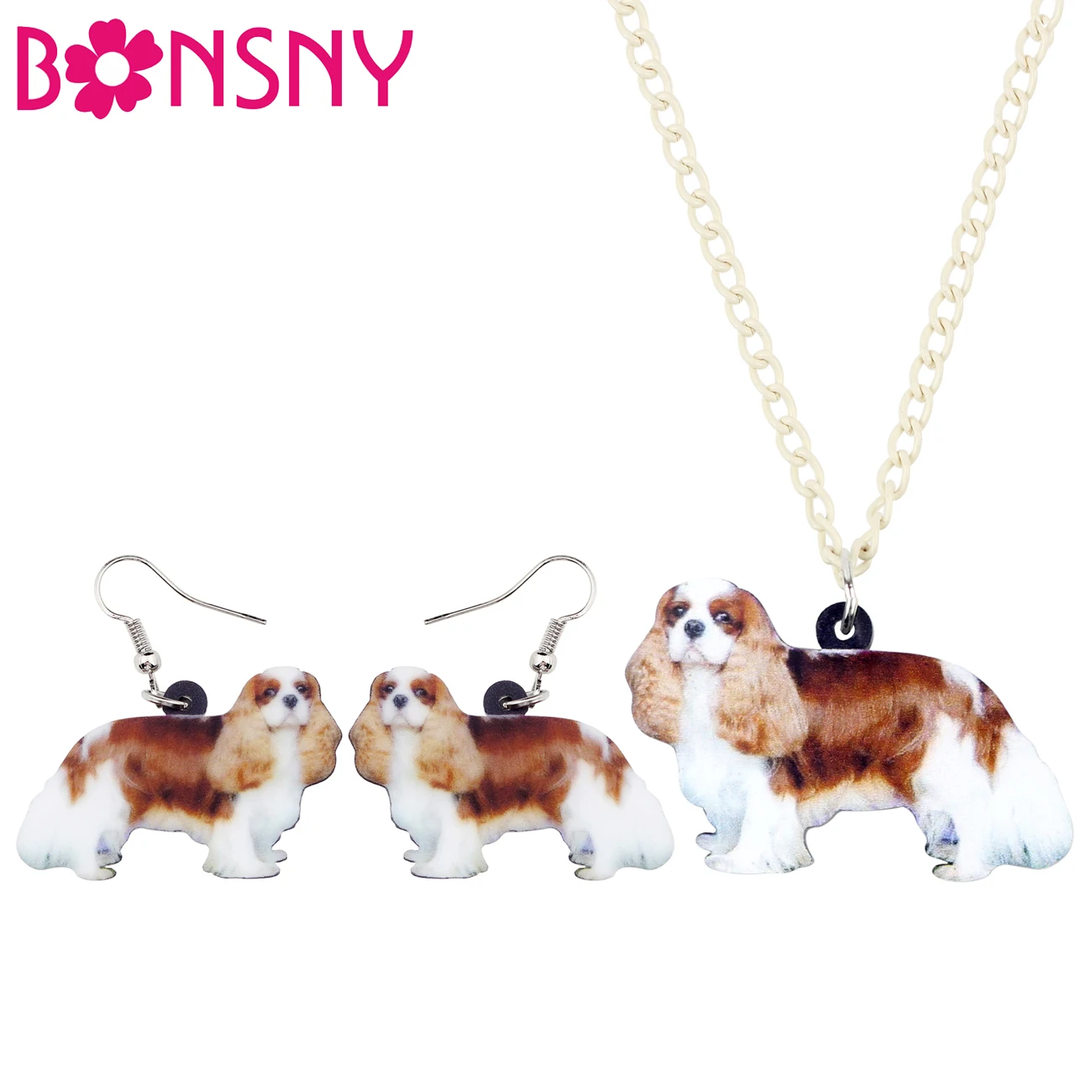 Bonsny Acrylic Cavalier King Charles Spaniel Dog Jewelry Sets Earrings Necklace Fashion Animal Gifts For Women Girls Pet Lovers