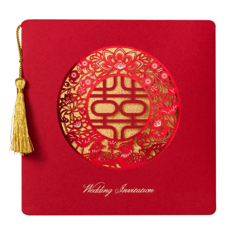 Square Chinese Red Double Happiness Spike Gold Foiling Style Wedding Invitation Cards Customized Inner,15x15cm,50Pcs