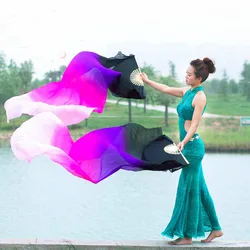 New dyed color 100% real silk Fan Veils for Oriental Dance long Professional Stage Performance Dancing Props Fan Veil