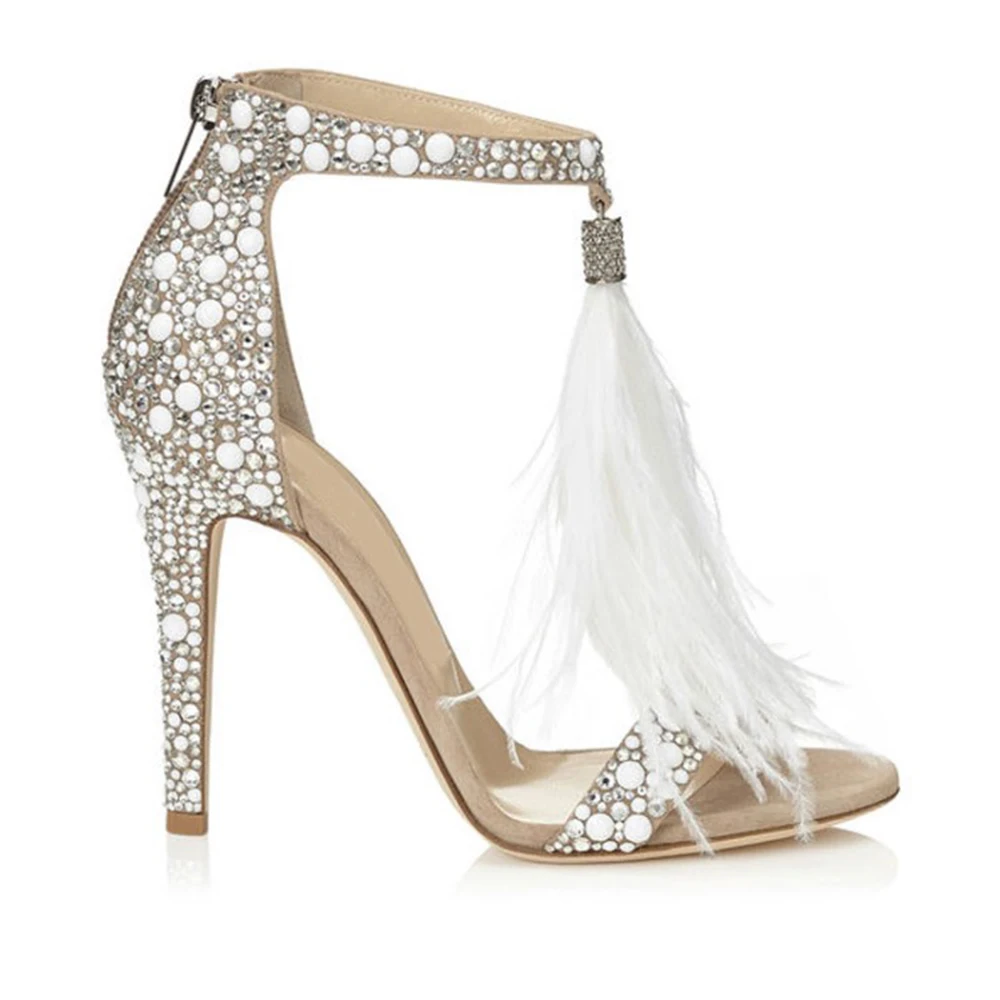 Sandały damskie Stiletto Sandalia Feminina wysokie sandały na obcasie Rhinestone Feather suknia wieczorowa na przyjęcie weselne buty Tassel