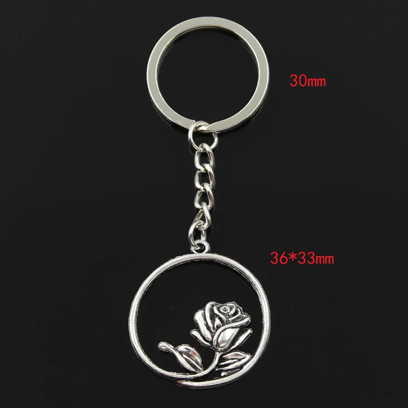 Fashion 30mm Key Ring Metal Key Chain Keychain Jewelry Antique Silver Color Plated Rose Flower 36x33mm Pendant