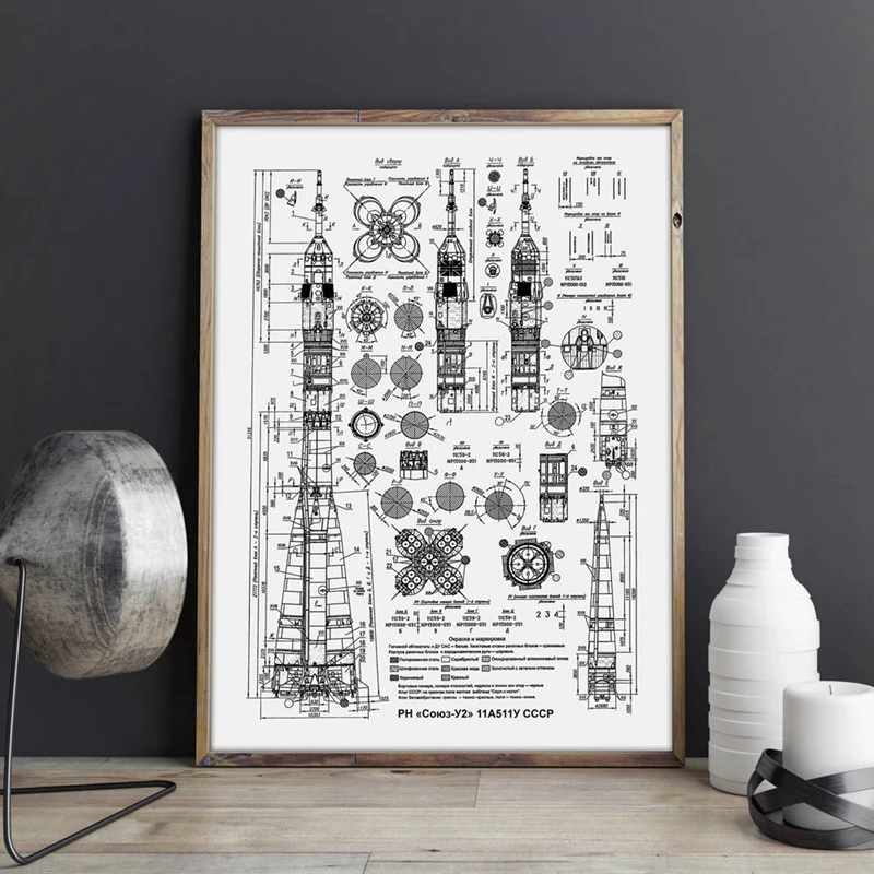 Soyuz-U2 Russian Rocket Patent Gallery Wall Art Canvas Print Aviation artwork Blueprint Posters Painting Outer Space Retro Decor