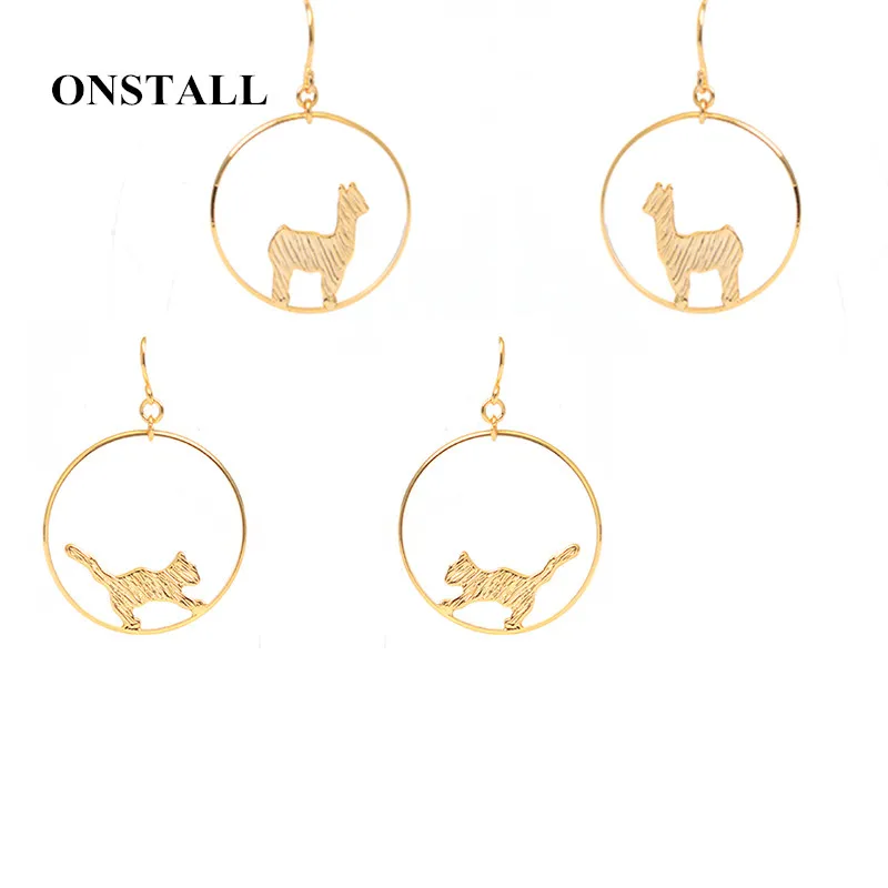 Anime cat earrings,Metal Brushed Circle Earrings,  Drop earrings, cat lover gift,  Alpaca Mud Horse Earrings, cat jewelry