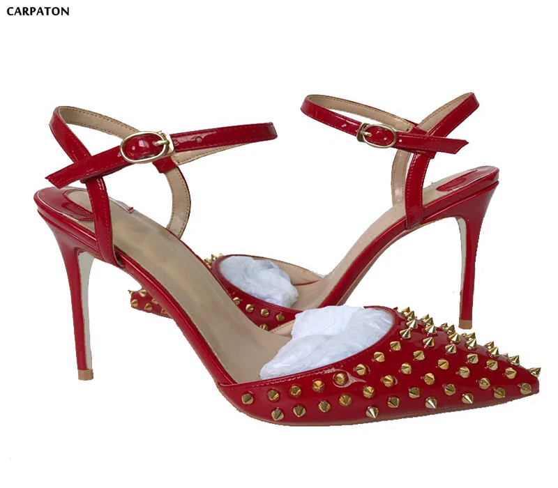 

Carpaton 2019 Srping Red Leather High Heels Sexy Pointed Toe Gold Rivets Studded Ankle Strap Woman Sandal Stiletto Heels Shoes