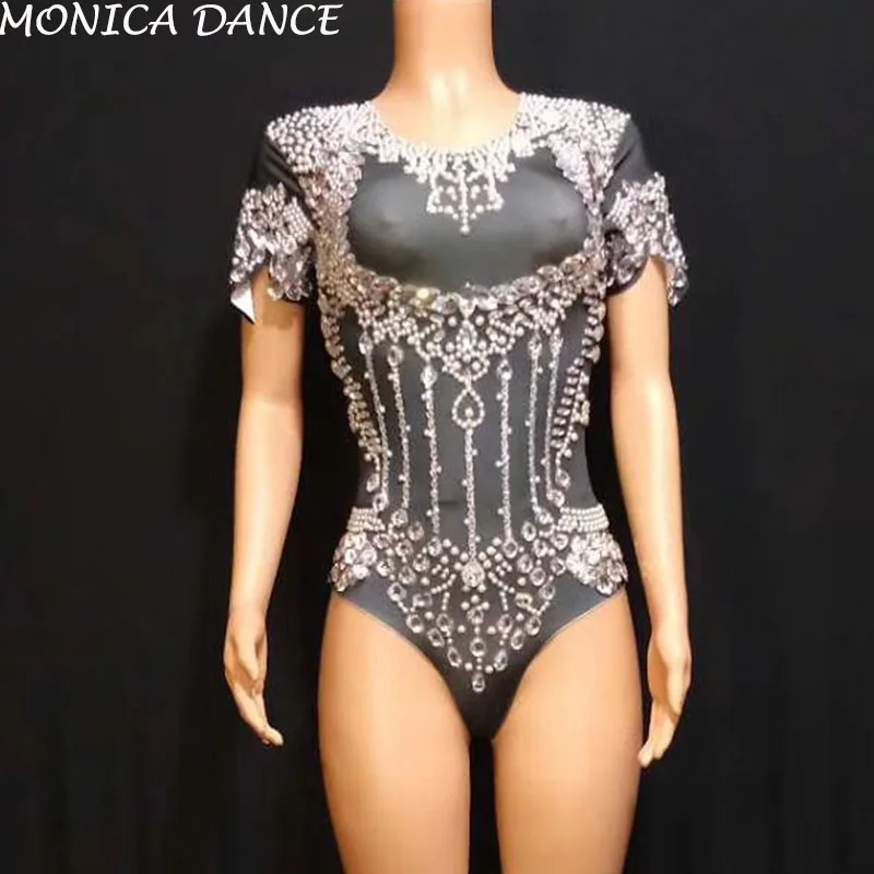 

Sexy Rhinestone Pearl Short Siamese Printed Stretch Bodysuit Rhinestones One Piece Stage Singer Dancer Sexy Performance Rompers