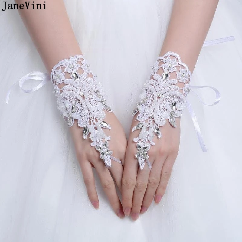 JaneVini – gants de mariée en dentelle, élégants, courts, blancs, Appliques sans doigts, longueur de poignet perlée, accessoires de mariage, 2019