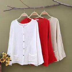 Blusa de manga larga para mujer, camisa de lino y algodón, tops informales para mujer, cárdigan de verano rojo y blanco roto