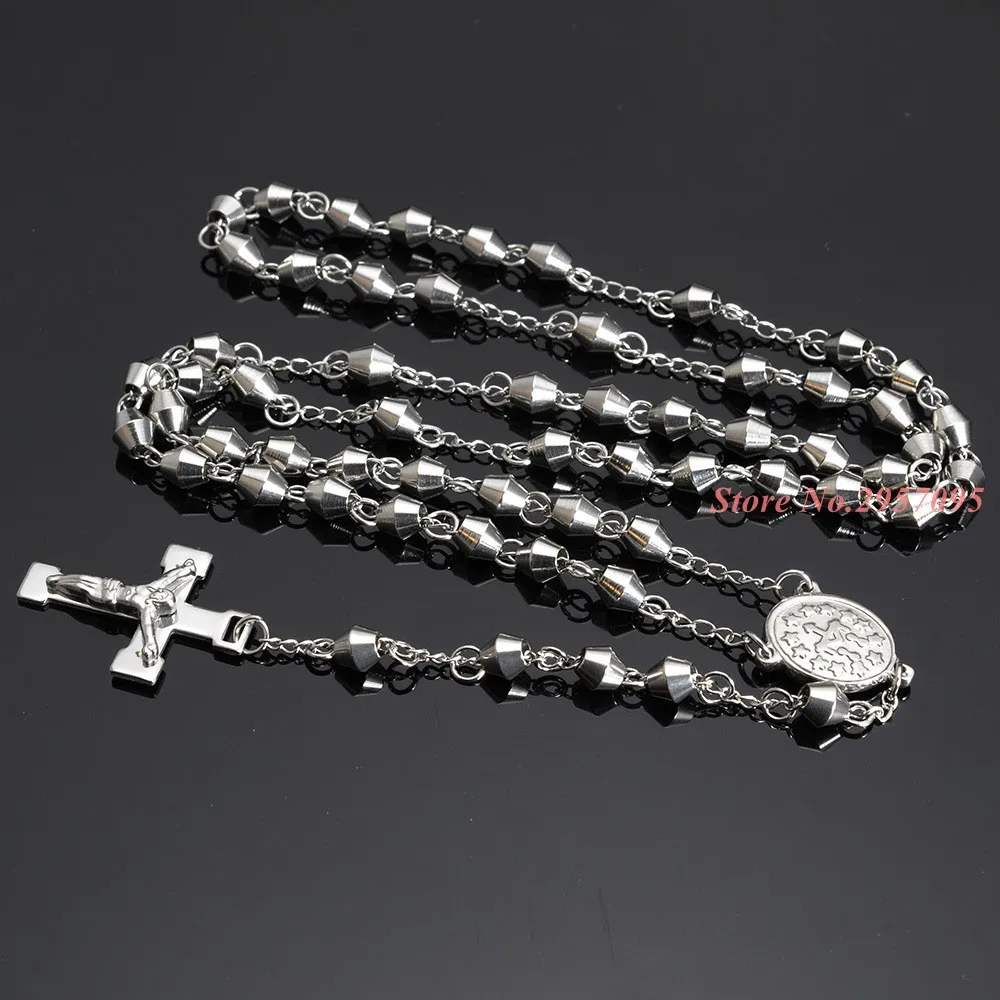 Womens Mens Necklace 4/6mm Stainless Steel Bead Rosary Chain Jesus Christ Cross Pendant Charm Jewelry