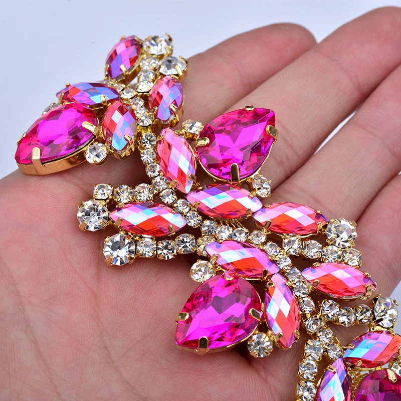 JUNAO 45*140mm 1pcs Sew On Rose AB Flower Glass Rhinestones Chain Bikini Strass Connector Flatback Gold Claw Crystal Applique