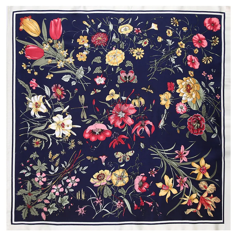 60cm Square Scarf Brand Bandanna Women Twill Silk Scarf 2023 Lily Flower Headband Print Scarf Fashion Professional Neckerchief