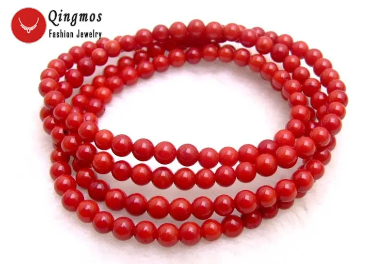 Qingmos-pulsera redonda de Coral rojo Natural para mujer, collar largo de Coral de 5-6mm, pulsera de joyería fina, Bra298