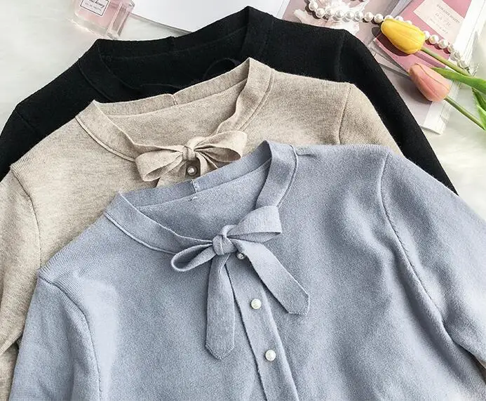 Fashion Sweet Girl 2 / Two Pieces Sets Elegant Slim Bow Collar Knitted Sweater Tops + Pleated Skirt Suit For Women Clothing