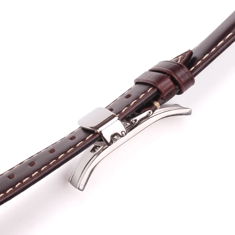 18-24mm Women Men Vintage Smooth Watch Band Strap Dark Brown Genuine Leather Bracelet Metal Butterfly Deployment Clasp Buckle