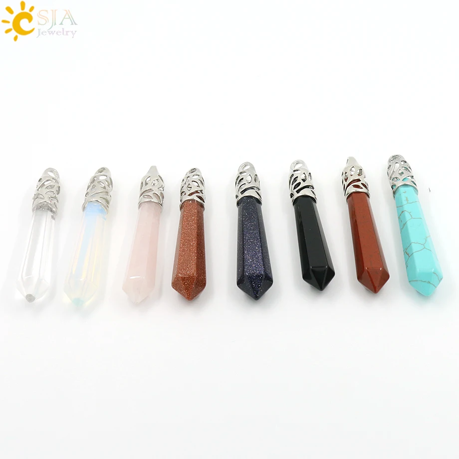 CSJA Reiki Natural Gem Stone Beads Blue Sand Long Hexagonal Prism Healing Point Opal Necklace Pendants Men Women Jewelry E004