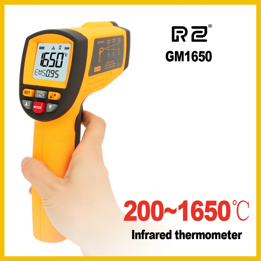 

RZ GM1650 Non-Contact 50:1 LCD display IR Infrared Digital Temperature Gun Thermometer 200~1650C (392~3002F) 0.1~1.00 adjustable