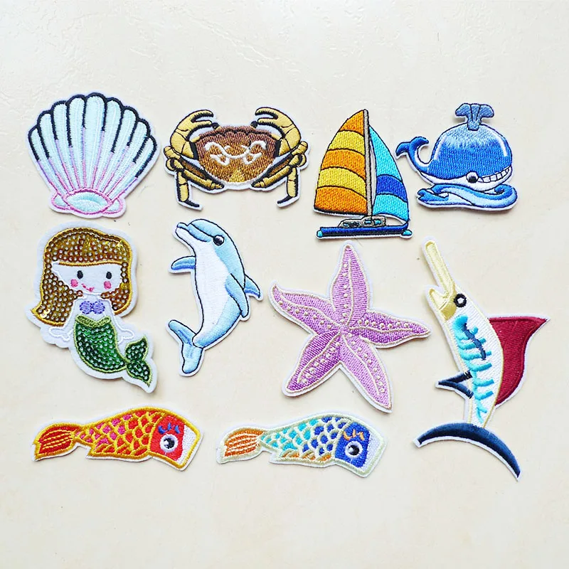 1Pcs 3D Crab Bird Mermaid Fish Starfish Shell Embroidery Iron On Patches For Clothes Stickers Sea Animal Badges Sewing  Applique