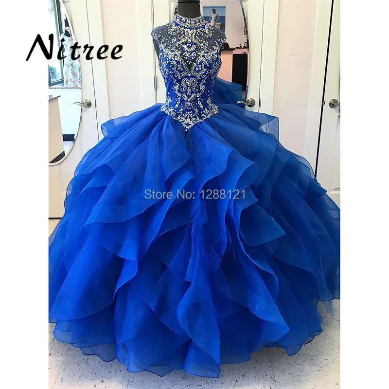 Royal Blue Kralen Jurken Dubai Turkse Baljurk Zoete 16 Prom Jassen Formele Feestjurk 2018 Vestidos De 15 Anos