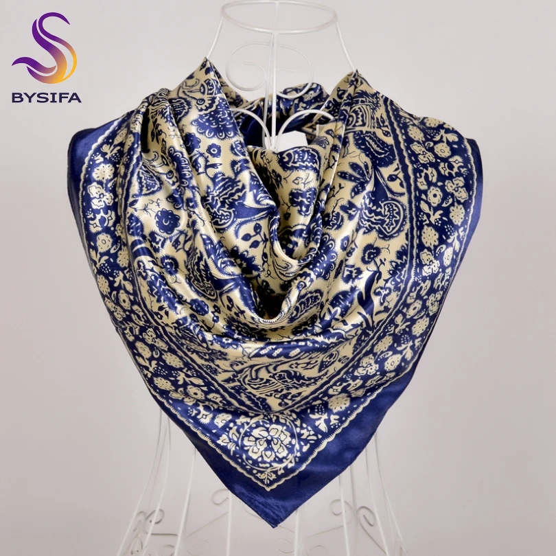 BYSIFA-bufanda de seda de estilo chino para mujer, chal cuadrado grande de satén, pañuelo elegante para la cabeza, Hijab rojo, azul y dorado, nueva