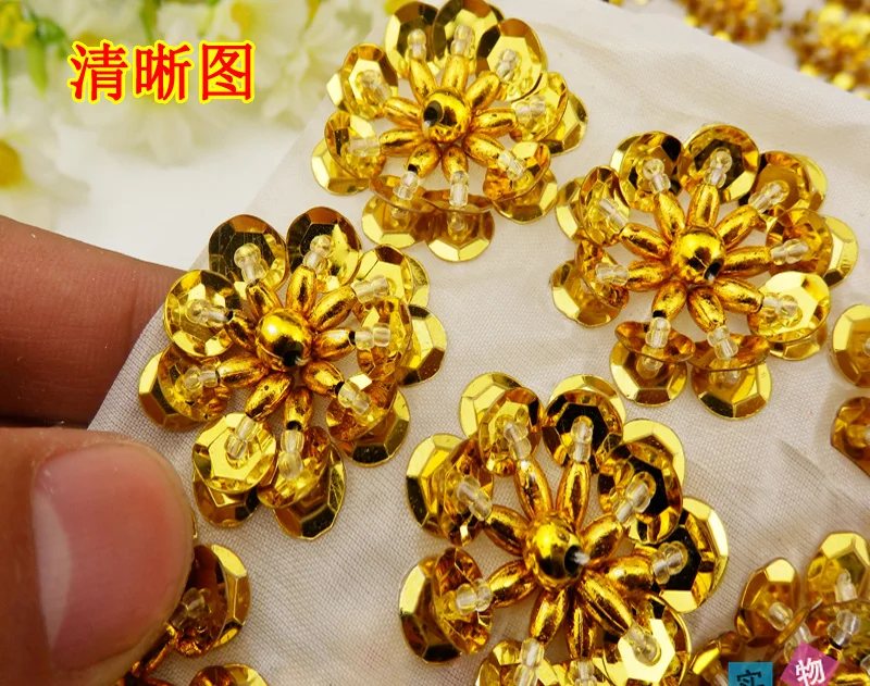 10 Pcs Sequined Flower Appliques Gold Embroidery Trims Little Floral Padded Sew On Petals Beading Sewing Crafts 20-32mm