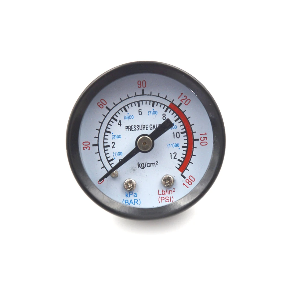 Produktbild von Manometer Mit Rückanschluss – 0–30 Psi / 0–2 Bar, 1/8 Zoll BSPT, Metallgehäuse, Doppelskala, Batteriefrei