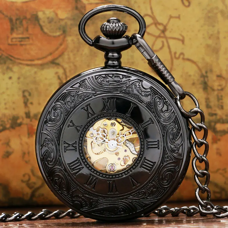 Vintage Luxury Black Metal Mechanical Pocket Watch Steampunk Watches Pin Chain Men Women Pendant Clock Gift With Gift Bag