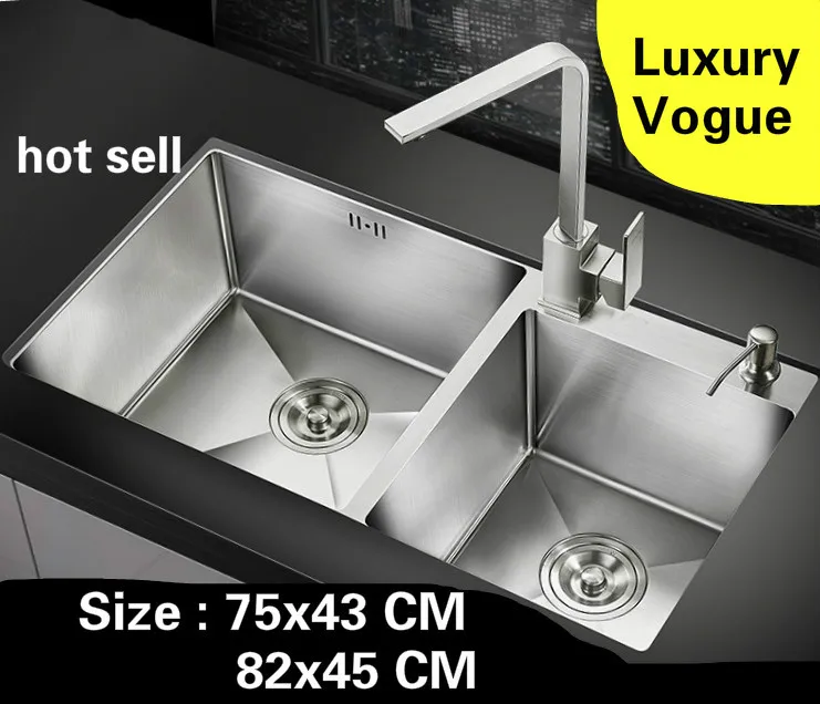 

Free shipping Handmade big kitchen manual sink double groove common vogue 304 stainless steel hot sell 750x430/820x450 MM