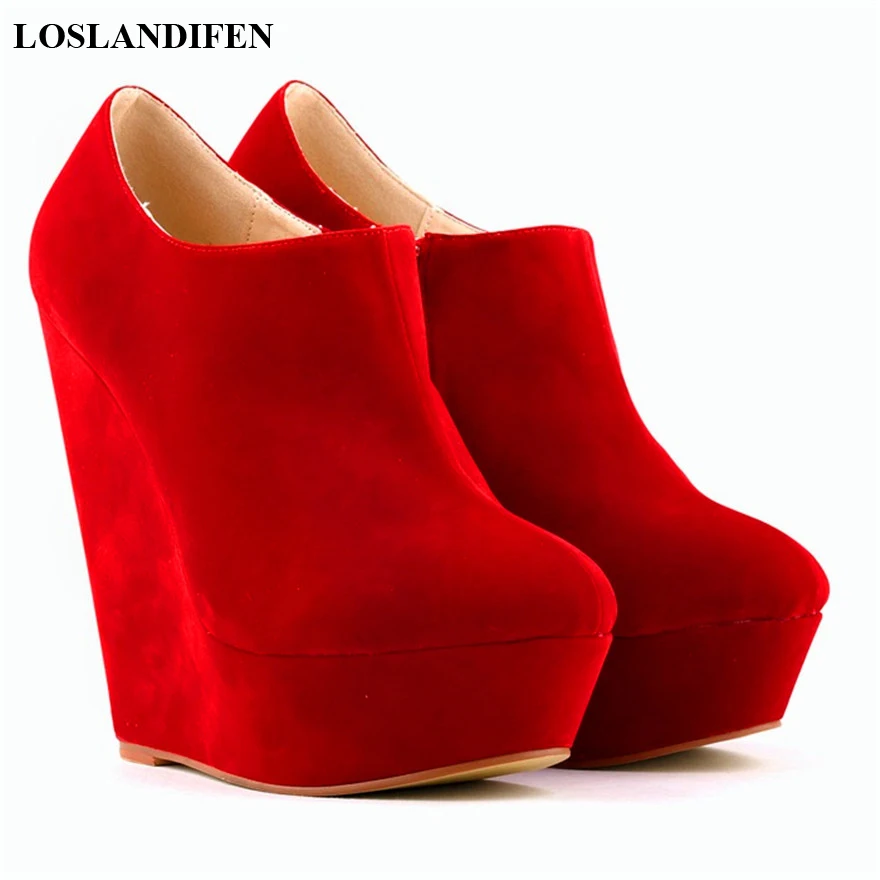 Classic Autumn Short Boots Women Star Style Solid Flock Platform Wedges Boots High Heels 14cm Female Fashion Office Boots Zipper