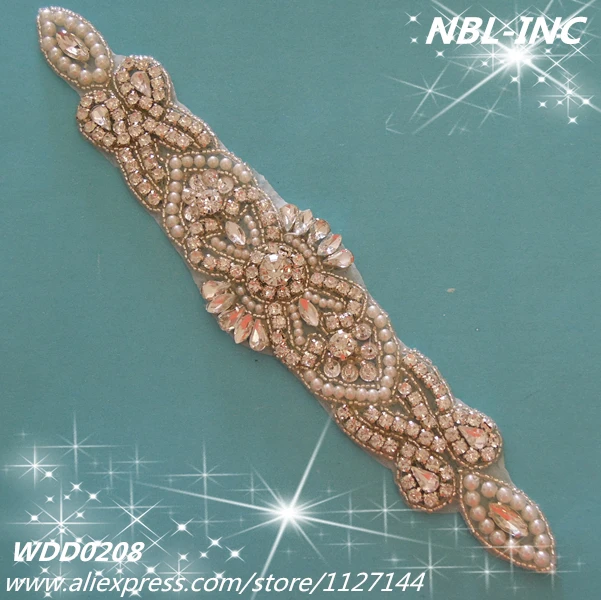 

(30pcs) Wholesale bridal sash beaded sewing rhinestone pearl appliques iron on for wedding dresses sash belt WDD0208