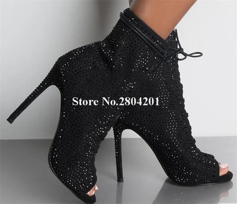 

Luxurious Women Fashion Bling Bling Peep Toe Black Rhinestone Thin Heel Boots Lace-up Crystal High Heel Ankle Booties