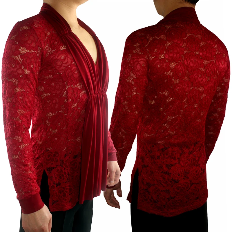 Latin Top Long Sleeve Sexy Lace V Collar Latin Dance Shirts Men \'S Performance Practice Dancewear Cha Cha Rumba Samba DNV11329