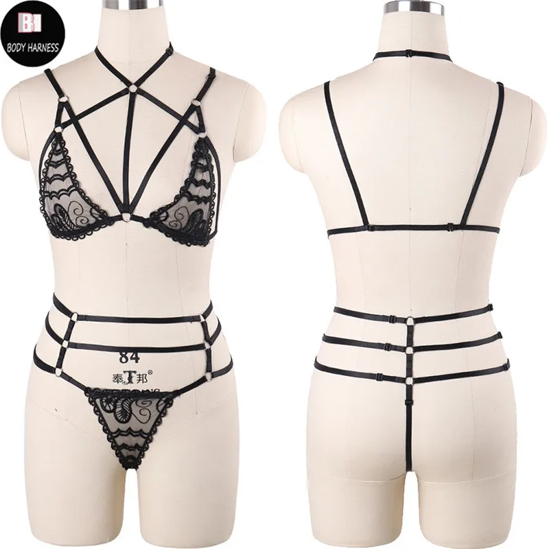 

Women Sexy Lingerie Lace Top Bondage Set Body Harness Goth Shorts Rave Bustier Fetish Cage Bra Stocking Belt