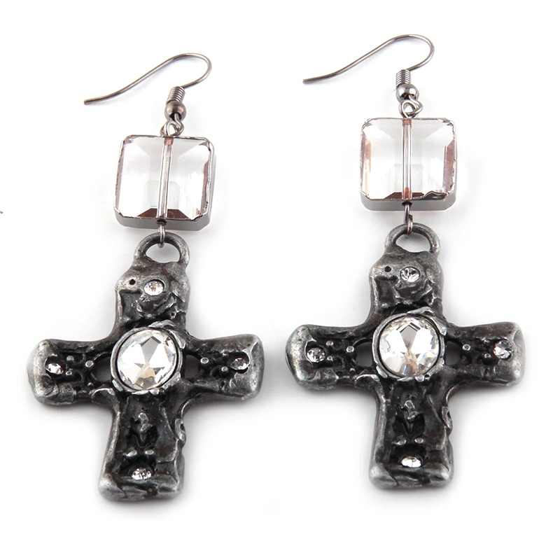 Fashion Women Rectangle White Crystal Link Drop Metal Cross Earring