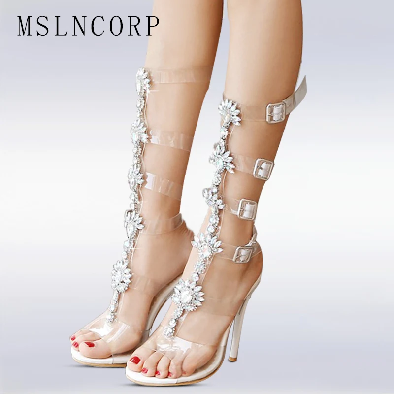 

plus size 34-50 Fashion Gorgeous Crystal Flower High Heel Women Sandal Boot Sexy Gladiator knee high transparent buckle sandals