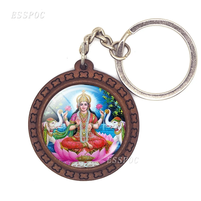 Shiva and Ganesh Glass Cabochon Wooden Keychain Wood Pendant Car Key Holder Hinduism Jewelry Fashion Accessories for Men Women