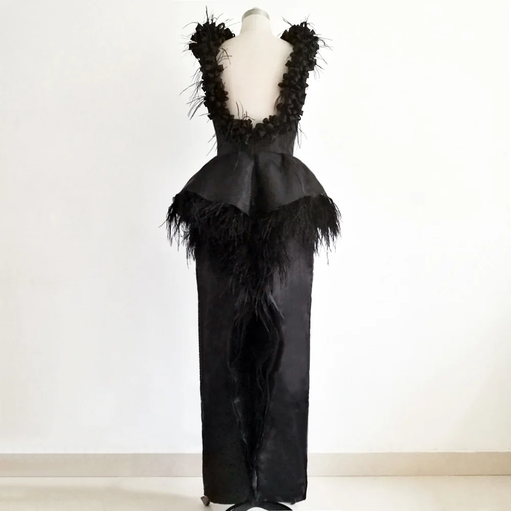 E JUE SHUNG-Robe de soirée en plumes d'organza noires, robes longues à fleurs, robes formelles à fente moyenne, robes de mère de la mariée, luxe