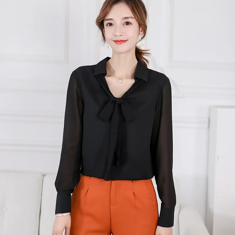 Women's Leisure Bottom Shirt Spring Summer Long Sleeve Pure Color Blouses Female New Korean Fashion Casual Bowknot Top H9070