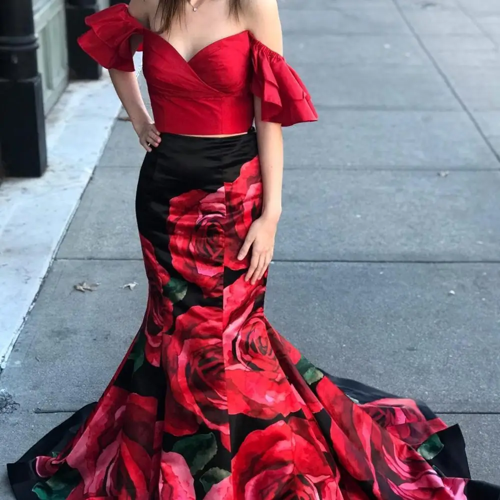 Print Floral Roses 2-Piece Prom Dresses 2k24 Mermaid Off-the-Shoulder Sweep Train Pageant Gowns Backless Red/Black