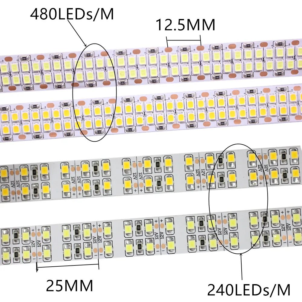 1/2/3/4/5M 240leds/m 480leds/M 12V 24V 2835 LED Strip tape light double row IP20  White/Warm White 1200led/5m 2400leds/5m