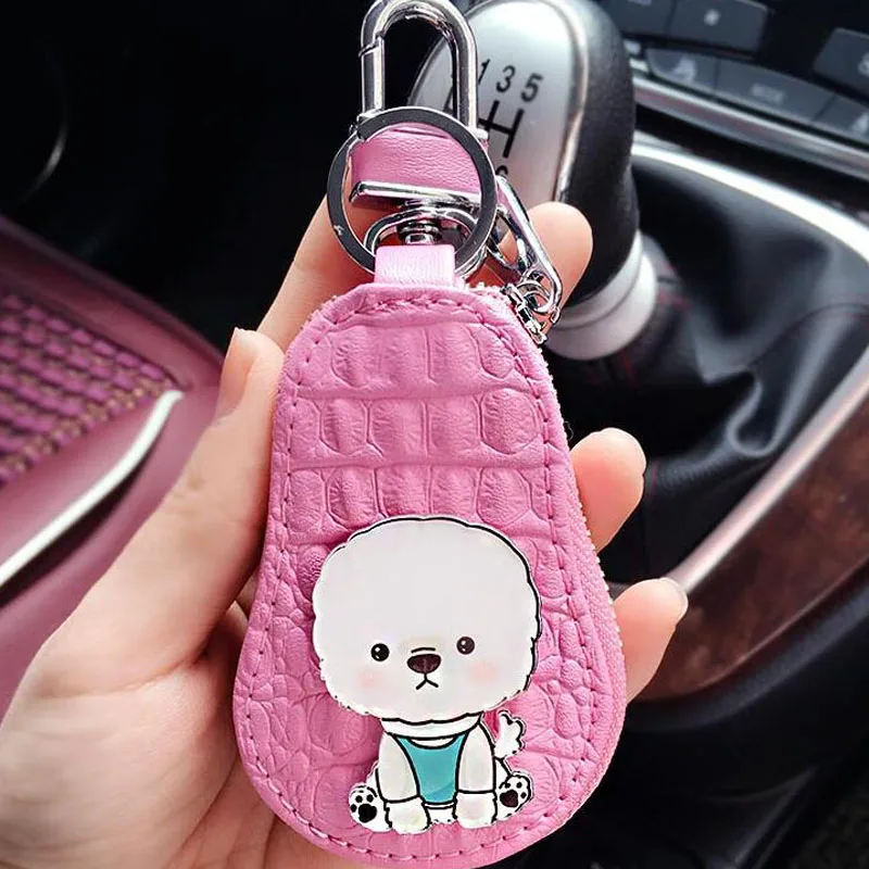 Chaveiro bonito dos cães chaveiro poodle bulldog bolsa encantos pacote chave do carro chaveiro de couro das mulheres capas de chaveiro com zíper