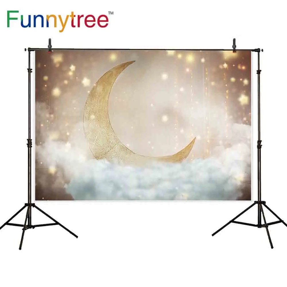 Funnytree Baby Shower Newborn Photophone Photography Backdrop Golden Glitter Moon Stars Cloud Background Photocall Photo Studio