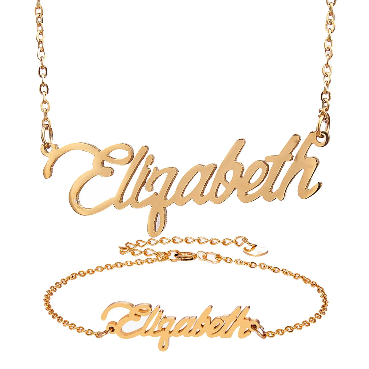 

Elizabeth Name Necklace + Bracelet Jewelry Set Stainless Steel Letters Chain Necklaces Pendant Nameplate Gift