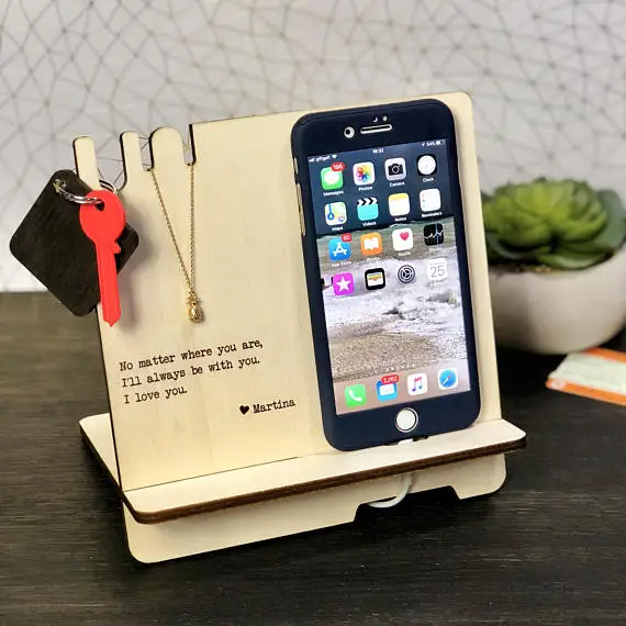 Personalized Docking Station, Wooden Phone Stand, Desk Organizer, Love Quote, Father's Day gifts boyfriend girlfriend wife Dad