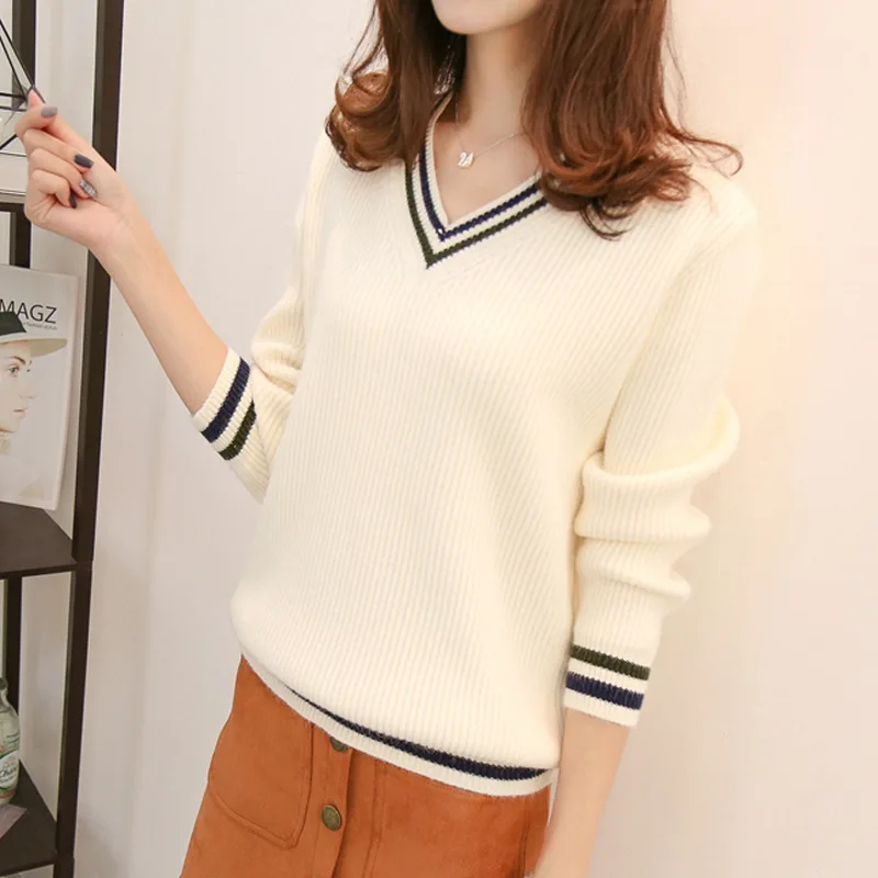 

Lady Loose Sweaters Long Sleeve V-neck Sweater Thickened Women Leisure Clothes Long-sleeved Knitted Sweater B9694