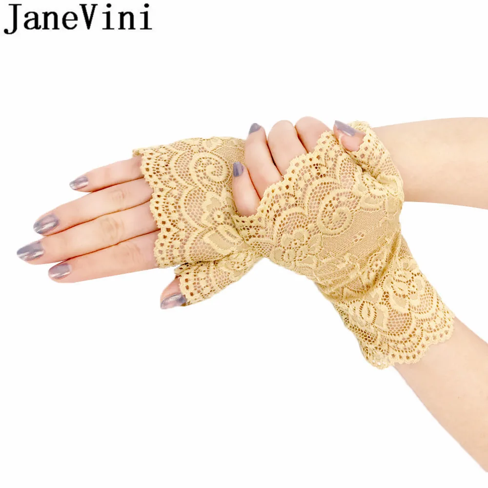 JaneVini Elegant Bridal Party Fingerless Wedding Gloves White Khaki Black Lace Gloves Brides Women Short Wrist Glove Gant Mariee