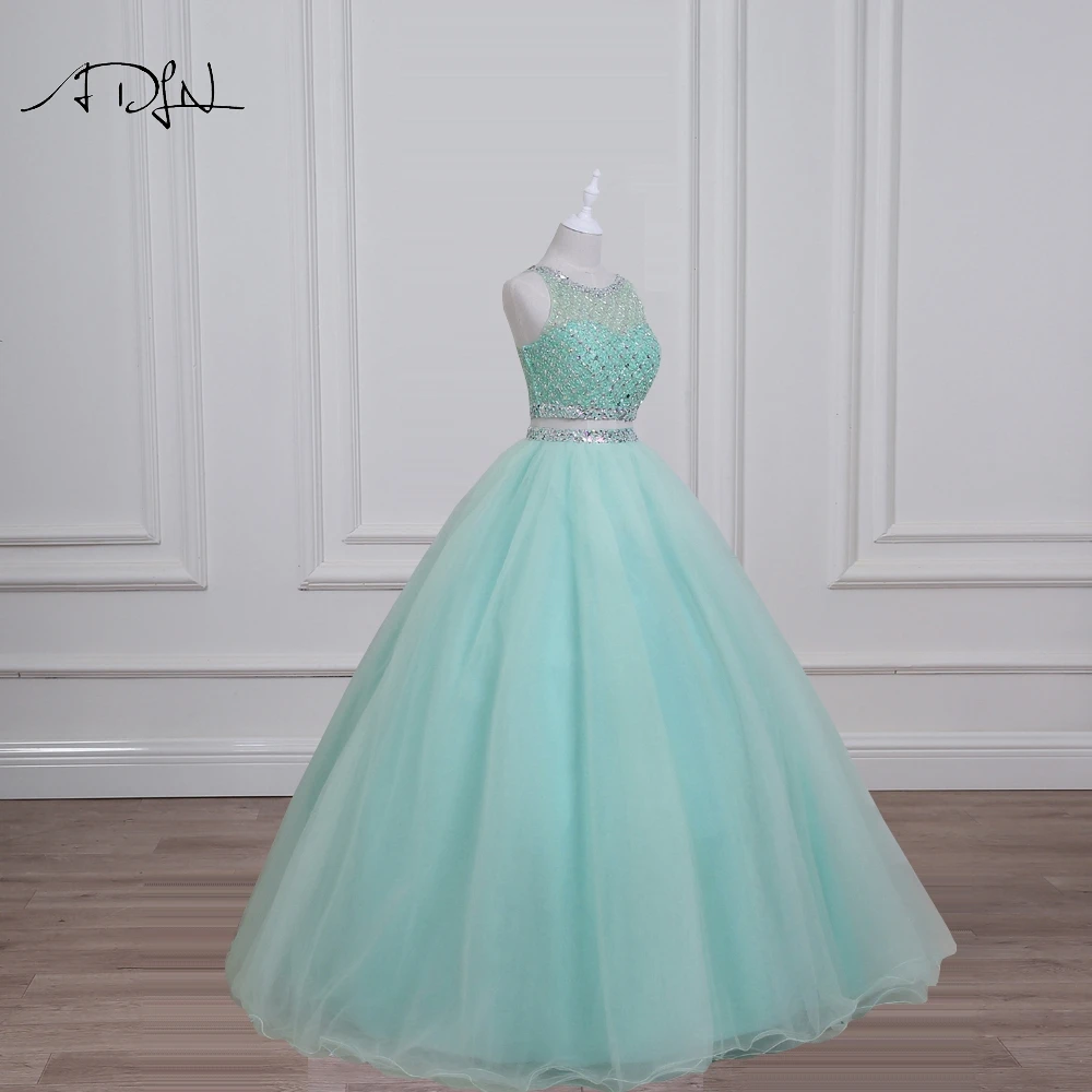 ADLN Foto Real Verde da Hortelã Vestidos Quinceanera 2017 Lindo Frisado Cristal Lantejoulas Duas Peças Vestido de Baile Doce 16 Vestido