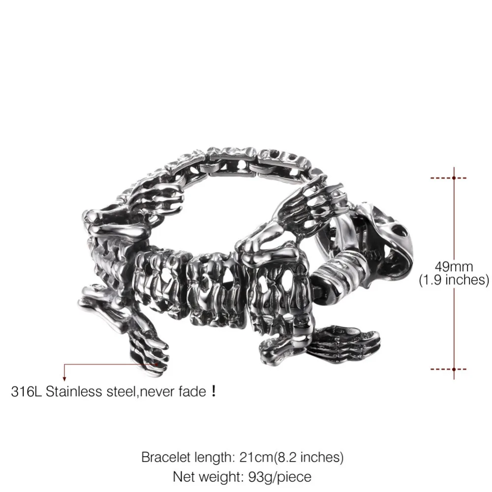 U7 3D Dinosaur Skeleton Bracelet for Men 21CM Hip Hop Stainless Stee Tyrannosaurus Rex Punk Gothic Party Jewelry QC24