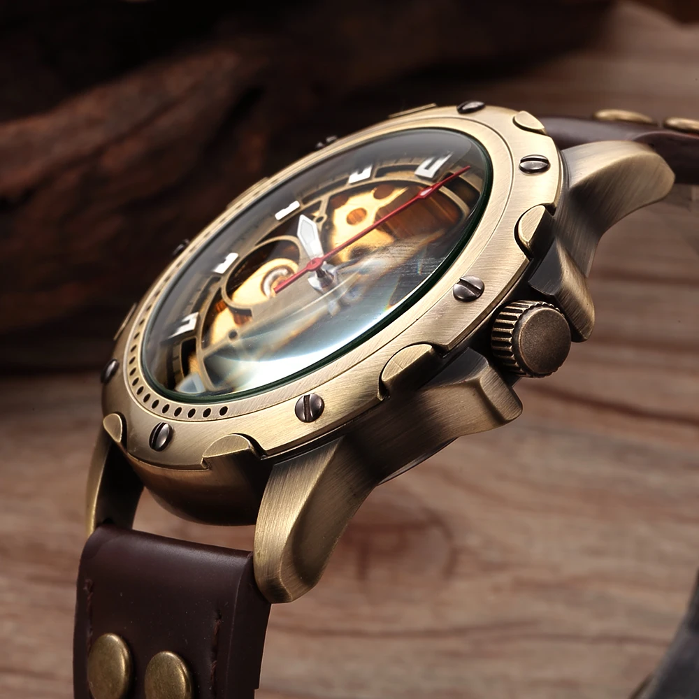 SHENHUA Retro Bronze Skeleton Men Mechanical Automatic Watches Male Sport Leather Self Winding Business Clock Relogio Masculino