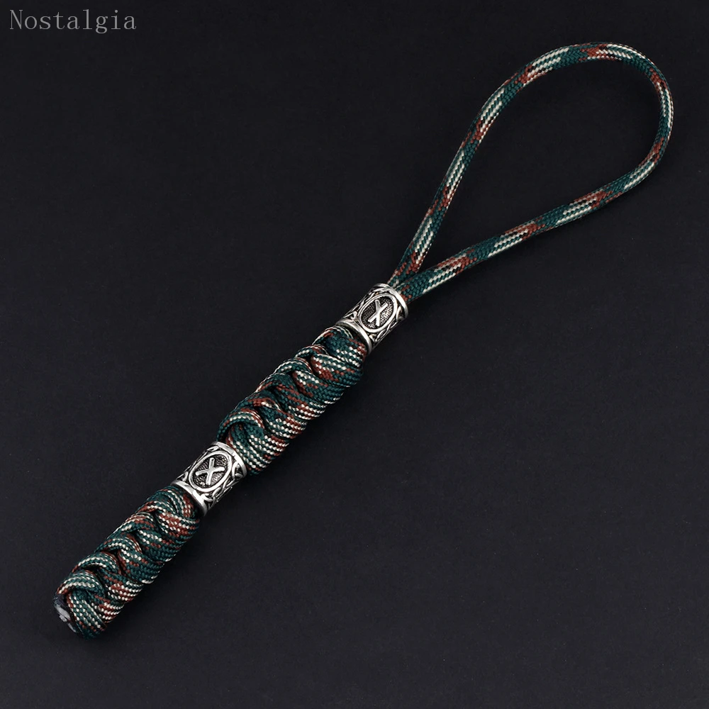 Nostalgia Viking Keychain with Beads Thor\'s Hammer and Scandinavian Viking Rune Bead Accessories Paracord Keychain for Men Women
