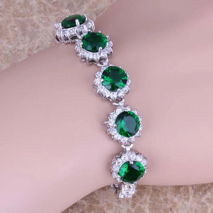 Marvelous Green Cubic Zirconia White CZ Silver Plated Link Chain Bracelet 7 inch S0622