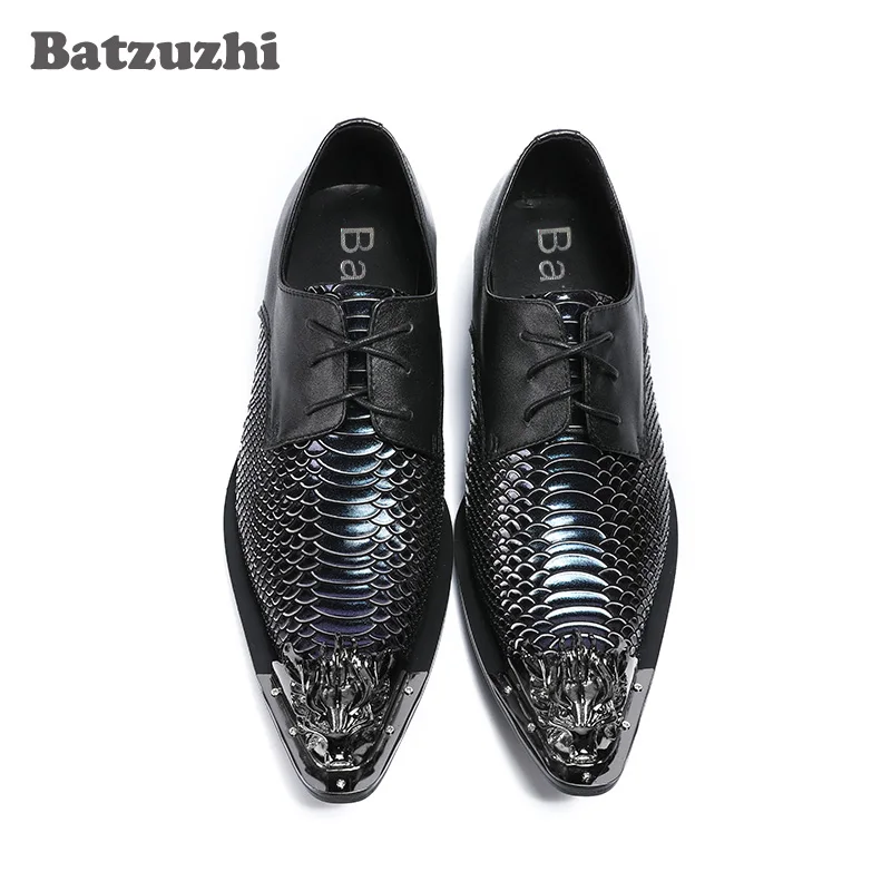

Batzuzhi Luxury Men Dress Shoes Black Genuine Leather Men Shoes Iron Pointed Toe Fish Scales Leather Business Shoes Sepatu Pria